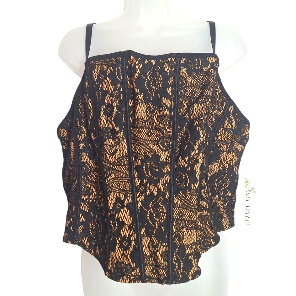 Lace Bustier Top Black & Gold 1X Spaghetti Straps Womens
